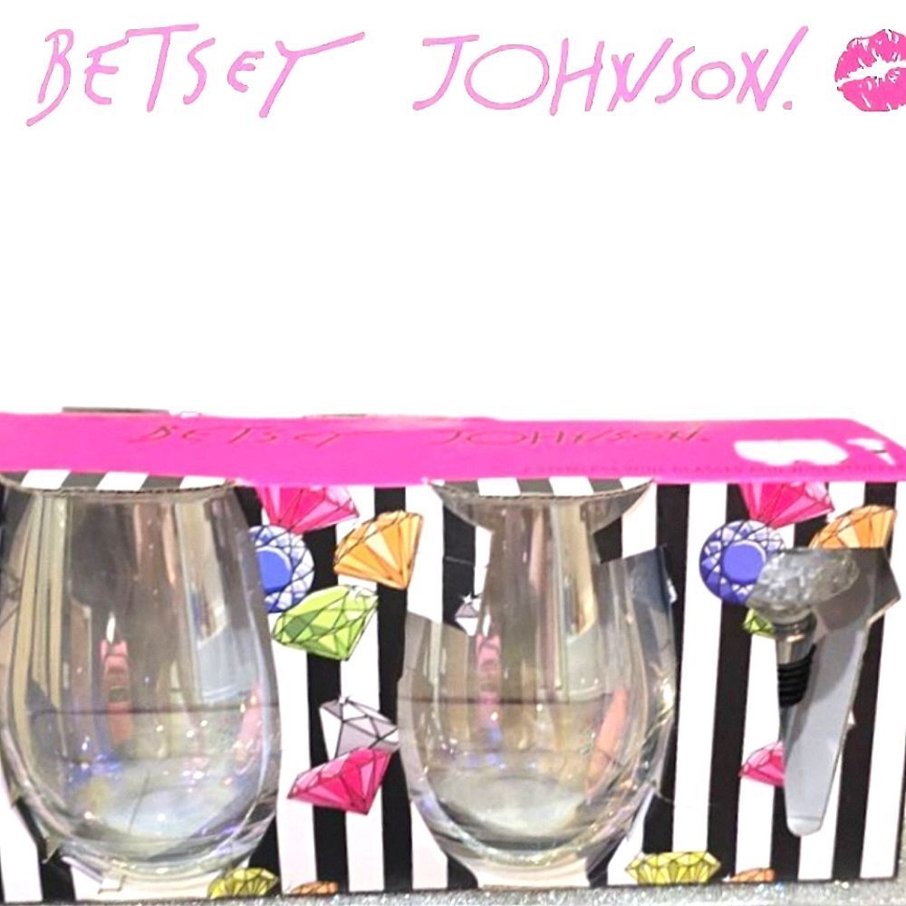 Betsey Johnson Stemless Wine Glass Set w/Diamond Top Wine Stopper‎